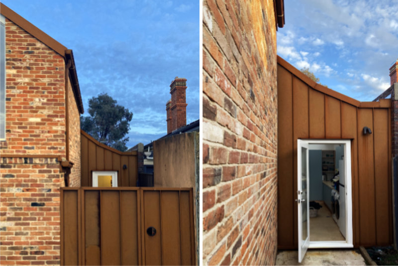 recycled red brick and rusted metal clad building details