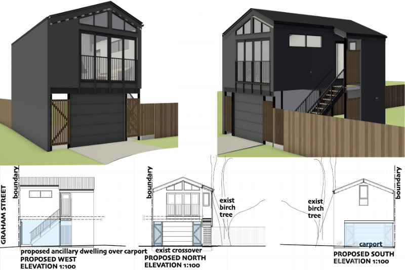 renders and elevations of small charcaol coloured gable roofed building over carport on street boundary