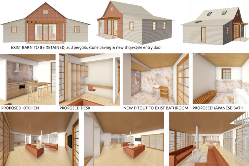 renders of barn exterior and interior with Japanese shoji screens, timber floors and ceilings